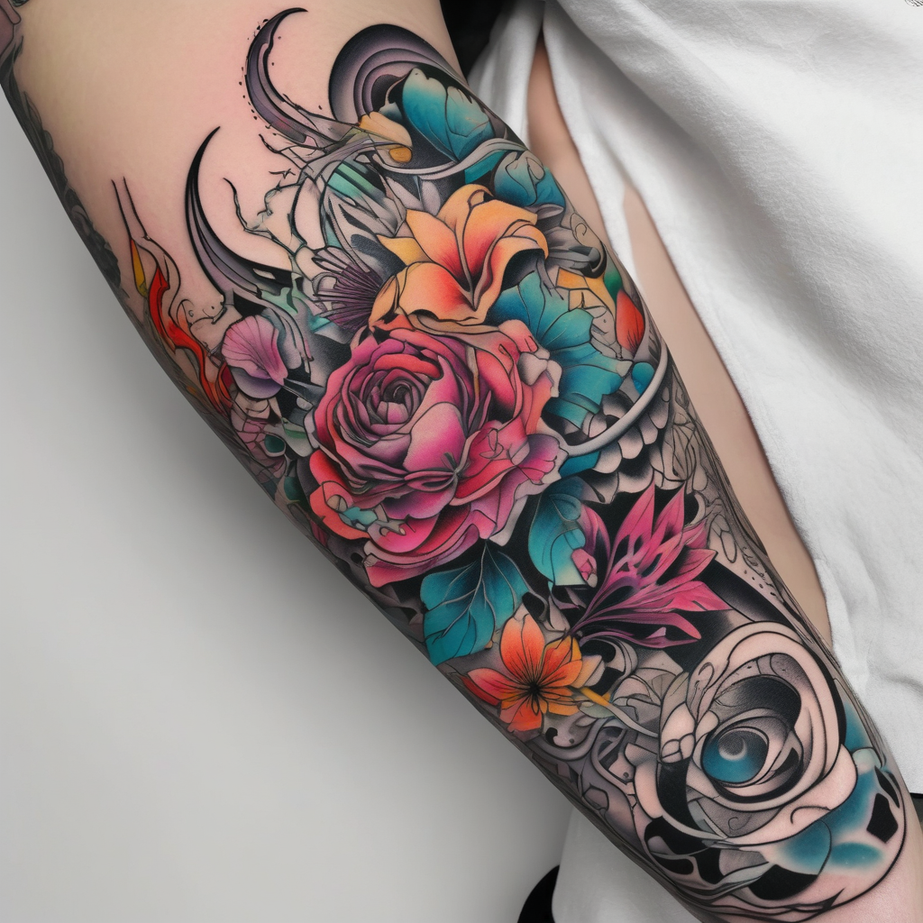 floral sleeve tattoo half sleeve tattoos for men, design de tatouage Surréaliste généré par IA